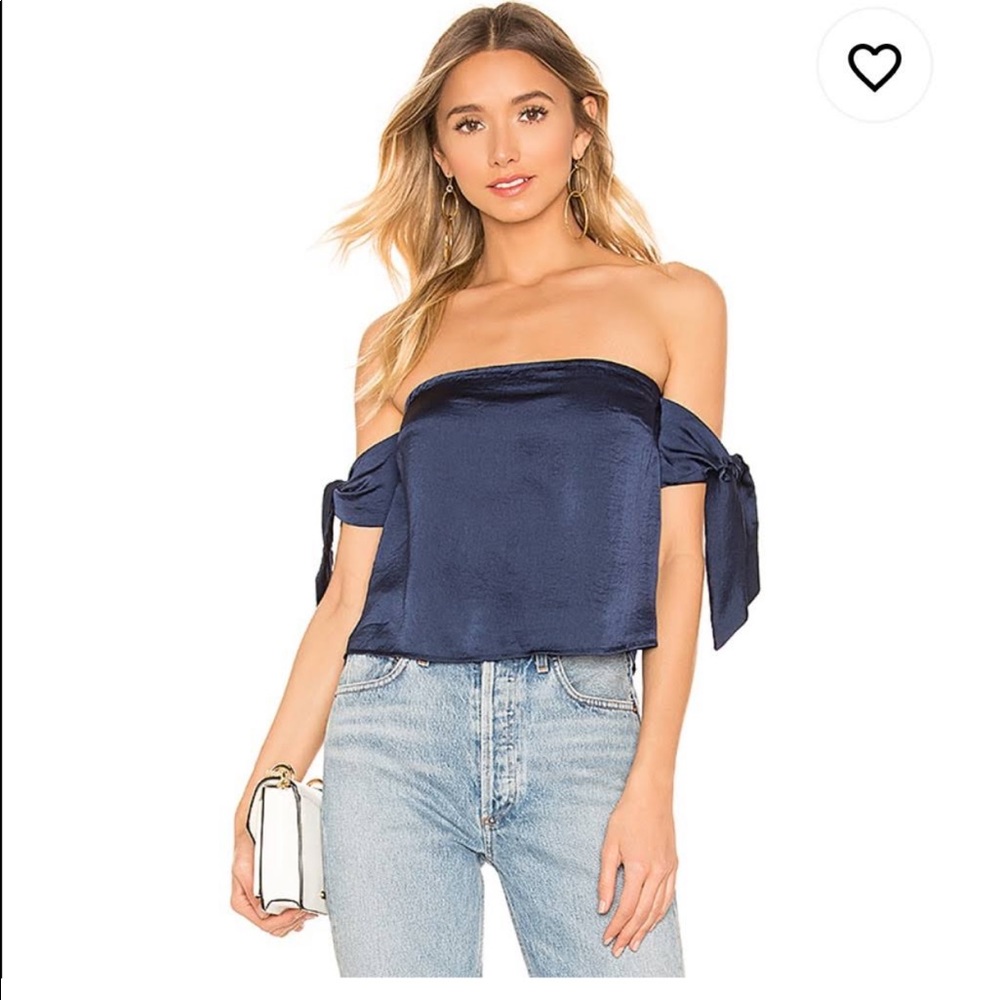 Superdown navy silk crop blouse with arm ties